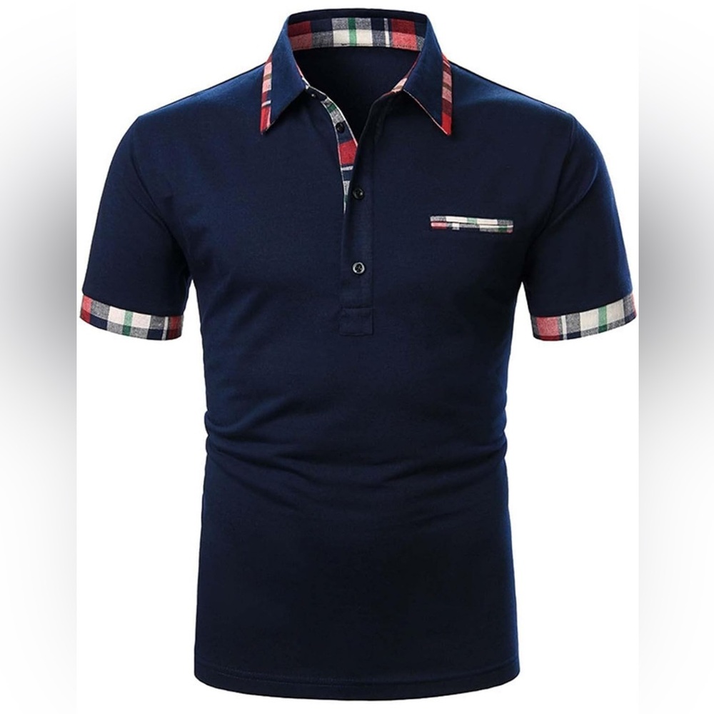 Men's Navy Blue Polo Shirt with Plaid Accents XL